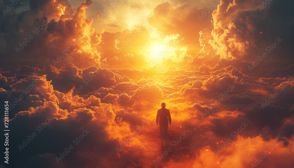 Man in Fiery Cloudscape at Sunset - obrazy, fototapety, plakaty 