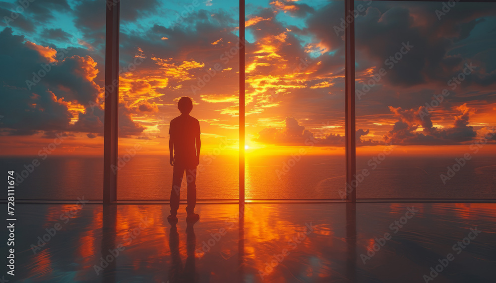 Silhouette of a Person Gazing at a Stunning Ocean Sunset Silhouette of a Person Gazing at a Stunning Ocean Sunset