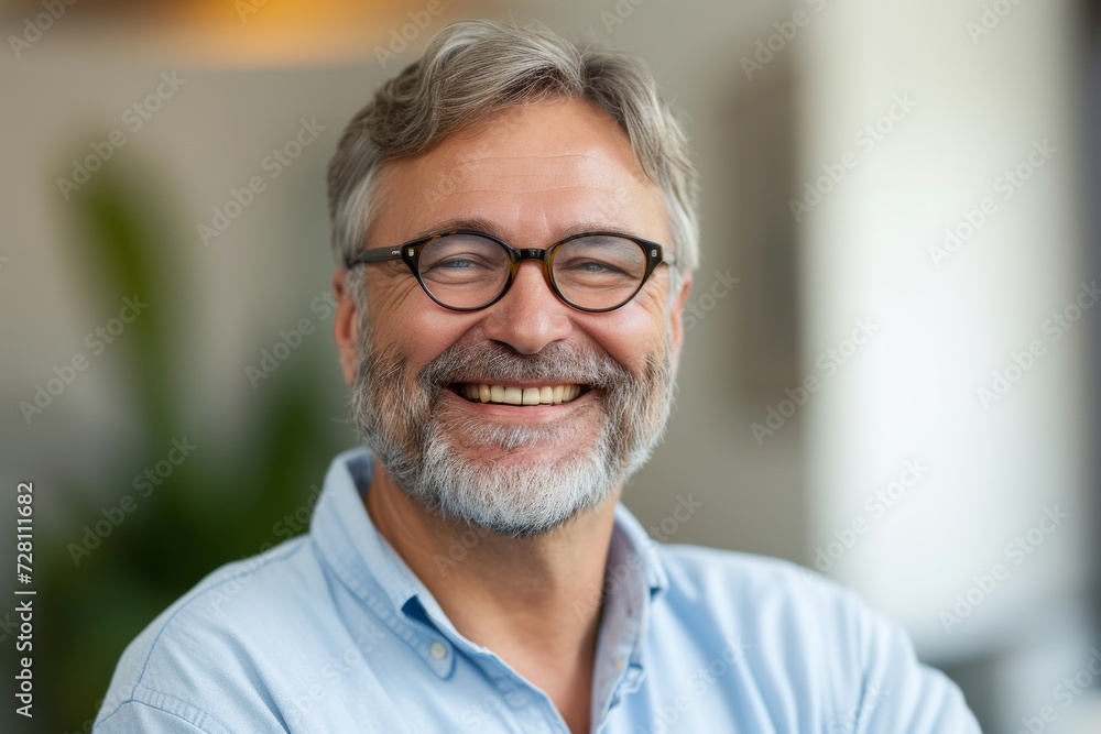 A content senior citizen beams with joy, his gentle smile accentuated by the wrinkles on his forehead and chin, framed by his stylish glasses, while his crisp shirt and eyewear showcase his attention