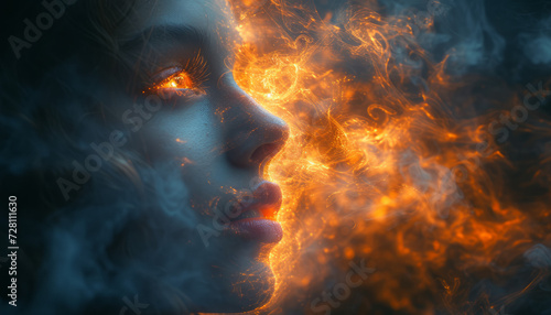 Fiery Gaze: A Woman's Face Enveloped in Flames and Smoke © Castle Studio