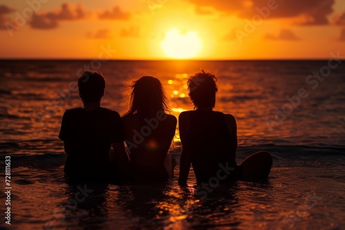 As the sun sets over the ocean, a group of friends stand together in the water, basking in the warm glow and enjoying a peaceful moment on their beach vacation