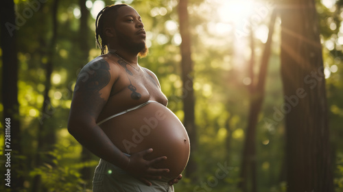 Heavily pregnant transgender african american man with tattoos. Proud LGBTQ+ pregnant man. AI generated photo