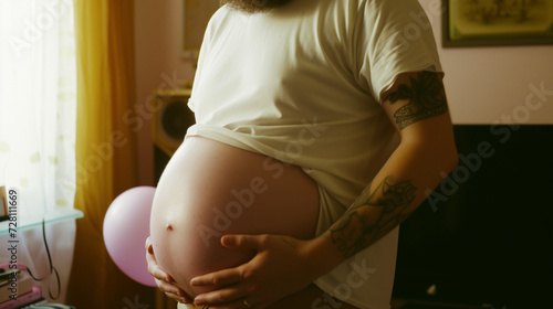 Heavily pregnant transgender man with tattoos. AI generated