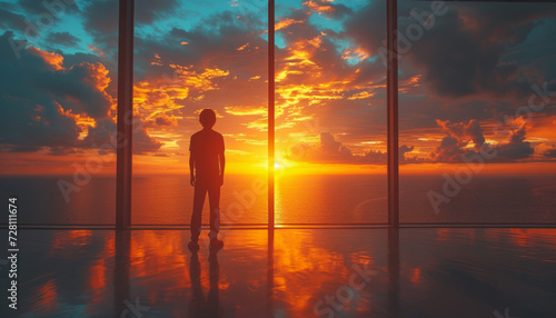 Silhouette of a Person Gazing at a Stunning Ocean Sunset