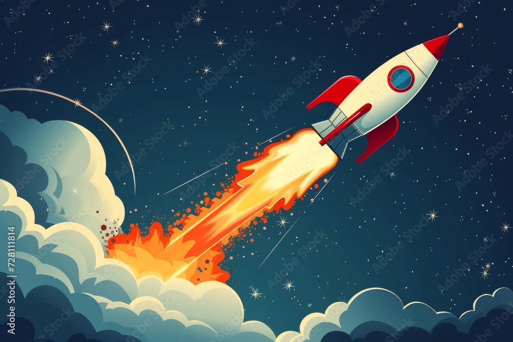An animated rocket launches into space, its vibrant cartoon style ...