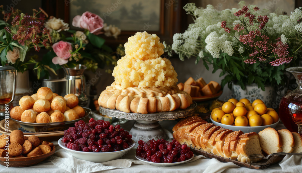 Elegant Afternoon Tea: A Spread of Pastries, Berries, and Blooms