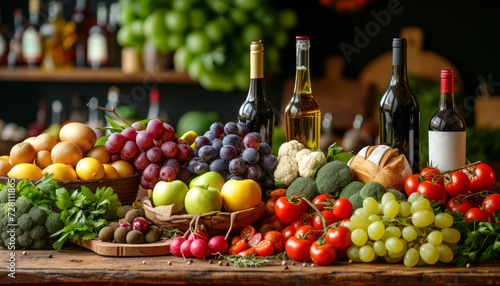 Gourmet Delight: An Assortment of Wines and Fresh Produce