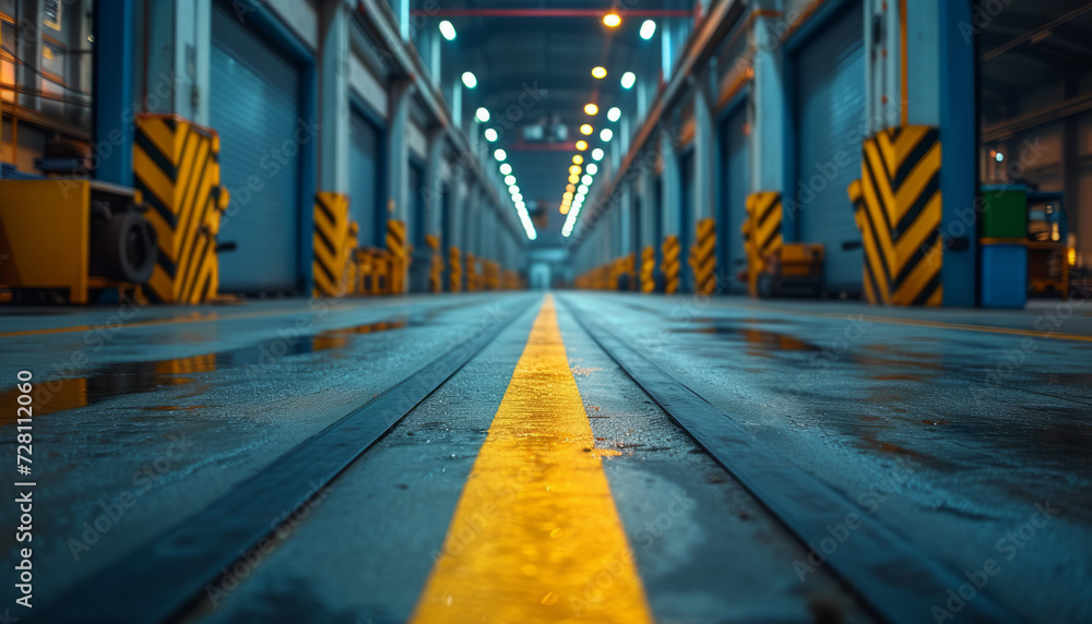 Industrial Warehouse Interior with Symmetrical Yellow Line