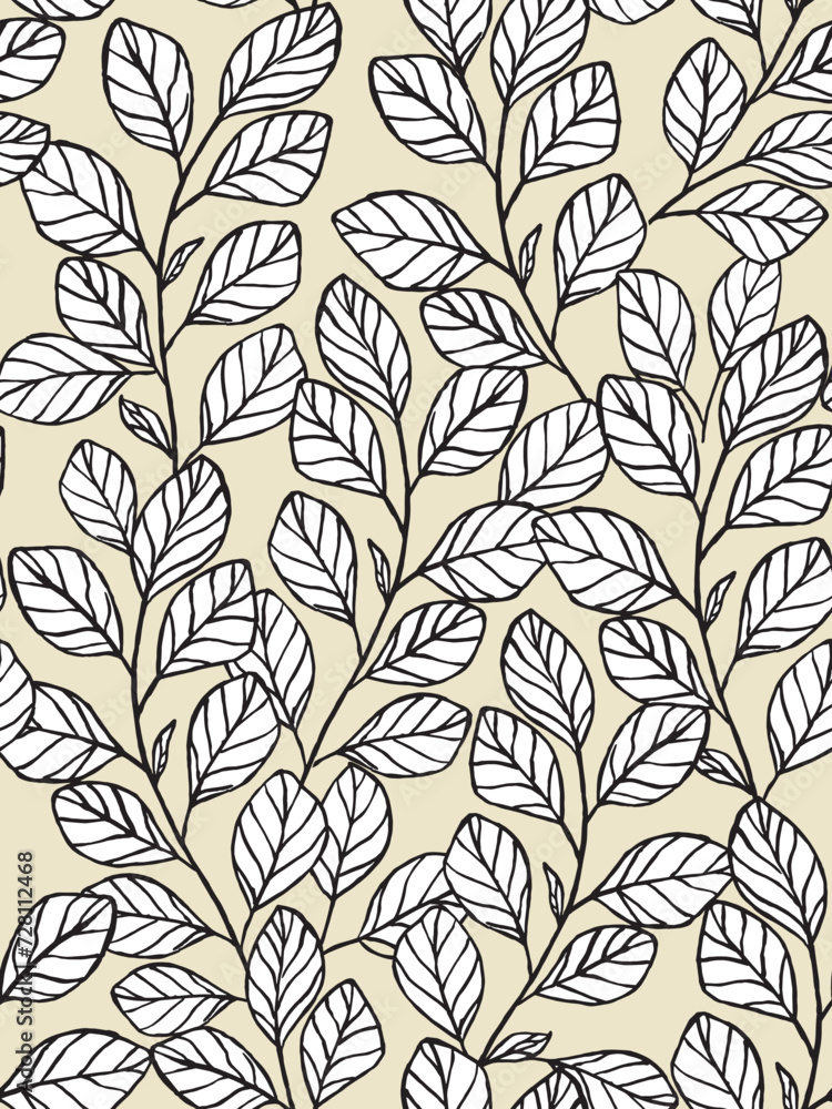 Seamless abstract floral background with leaves. Natural hand drawnd grey and  white leaves pattern Vector illustration.Vector floral  pattern