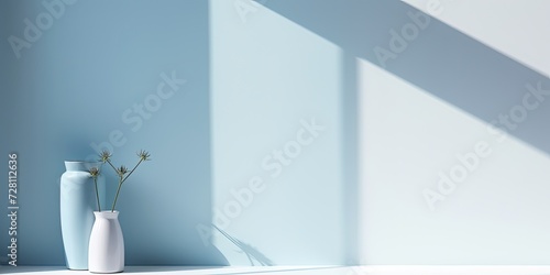 Minimalist background image with geometric shapes in gray and light blue, featuring window-caused light and shadow for presenting products.