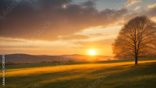 Sunset landscape with a plain grass field and a tree