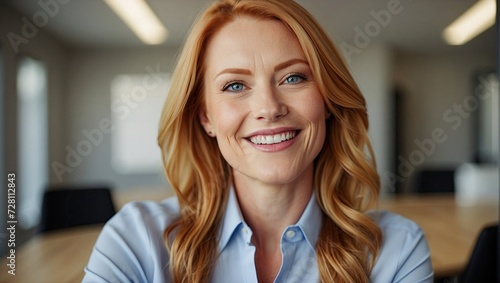 Professional headshot of a smiling woman with long, wavy ginger hair, wearing a blue shirt in an office setting.