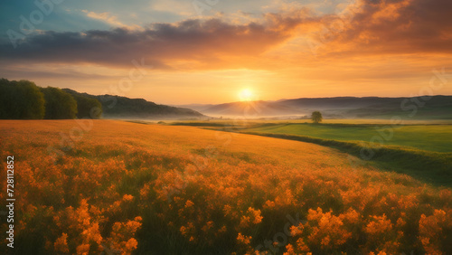 Sunset over the flowers field