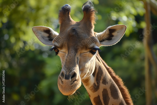 Frontal view of a giraffe's face with a green leafy background. © Enigma