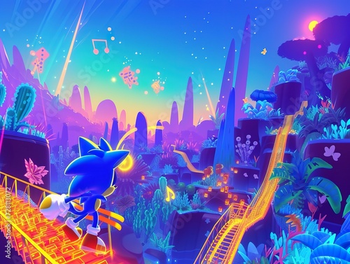 Symphonic Rush, a hybrid video game fusing PaRappa-style rhythm gameplay with Sonic-style 2D platforming, starring Symphonic the Hedgehog