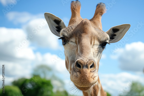 Close-up of a giraffe's face with blue sky and fluffy clouds in the background. © Enigma