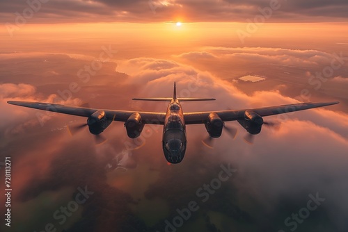 Avro Lancaster type heavy bomber, flying over the English countryside at dusk. photo