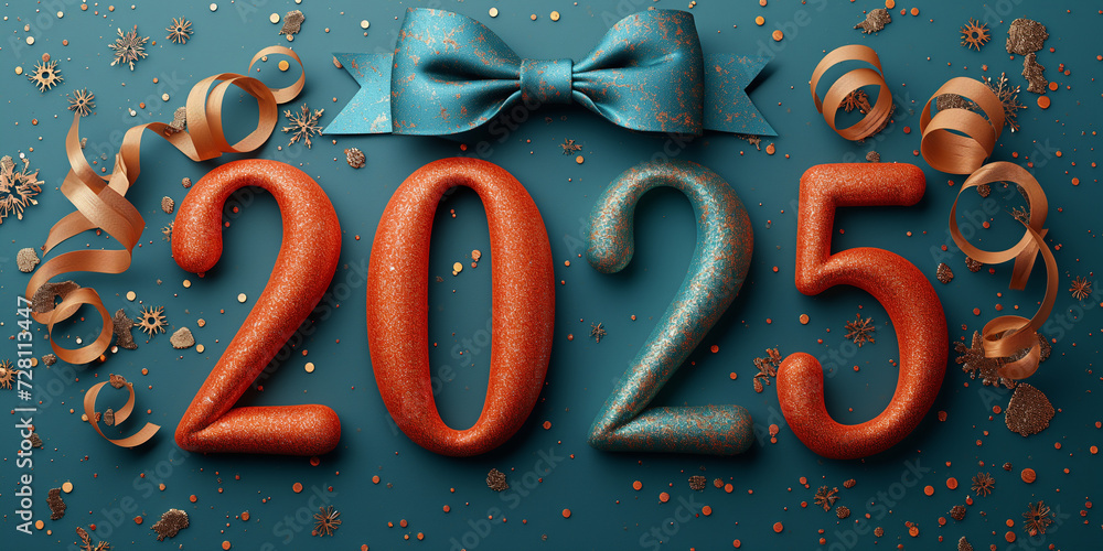 Jahreswechsel 2025 in bunten Zahlen im Querformat für Banner, ai generativ StockIllustration