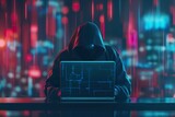 Illustration of a hacker working in the twilight, dark background.
