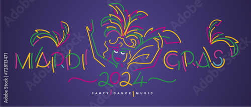 Mardi Gras 2024 carnival party dance music. Handwritten typography colorful party masked girl with plumage isolated on purple background banner