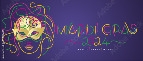 Mardi Gras 2024 carnival party dance music. Handwritten typography colorful masked girl face with plumage isolated on purple background banner
