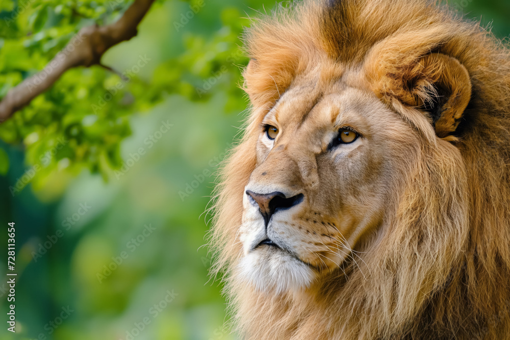 A majestic lion's head profile with a focused gaze and a lush green background.