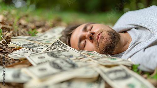 Uomo che dorme sul posto di lavoro sognando una pila di banconote tipo dollari, sfondo sfocato di uffiicio photo
