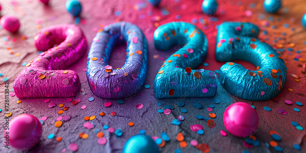 Jahreswechsel 2025 in bunten Zahlen im Querformat für Banner, ai generativ StockIllustration