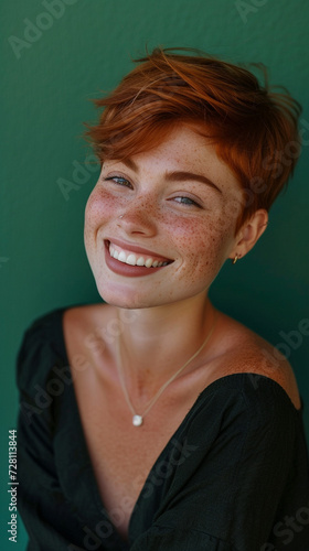 Headshot Portrait of a girl with freckles, her hair in a chic short cut, grinning at the camera. The background is a rich emerald green