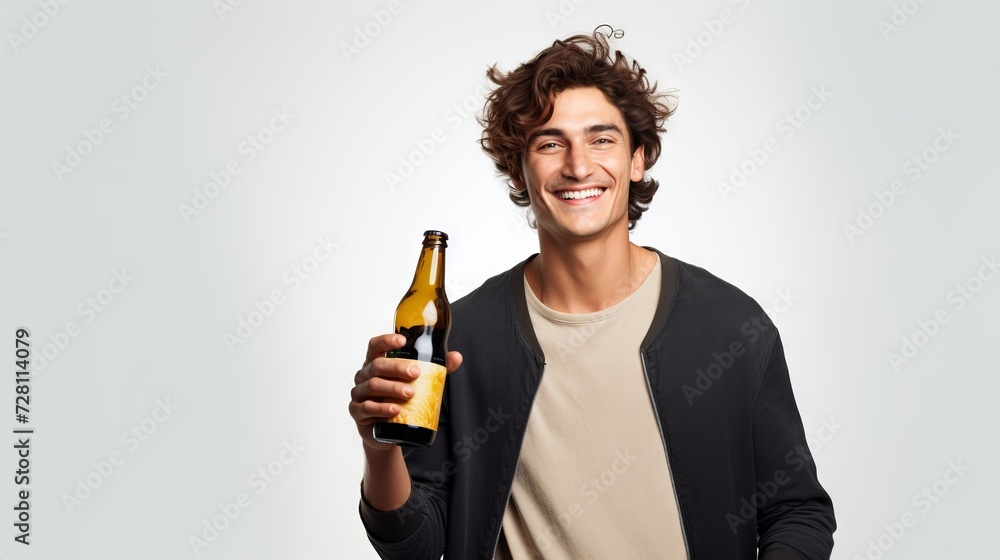 Smiling man holding a beer bottle, light background. Concept of beer tasting, party, friendly gathering, lifestyle and enjoyment. Banner. Copy space Smiling man holding a beer bottle, light background. Concept of beer tasting, party, friendly gathering, lifestyle and enjoyment. Banner. Copy space