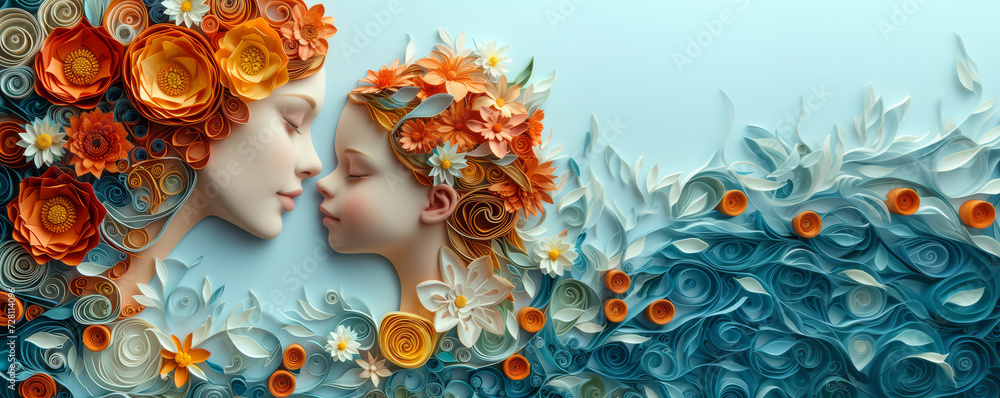Harmony in Paper Craft: A Mother and Child Embrace in a Floral Sea, with Copy Space. AI Generative.