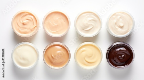 Variety of organic cosmetic creams for skin care in open jars on white background. Top view. Concept of skincare variety, cosmetics assortment, and beauty product display.