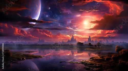 Ethereal fantastical landscape with a vivid clouds, radiant sunset and starlit sky mirroring in water. Concept of unearthly dreamscape, alien fantasy worlds, cosmic convergence, calmness