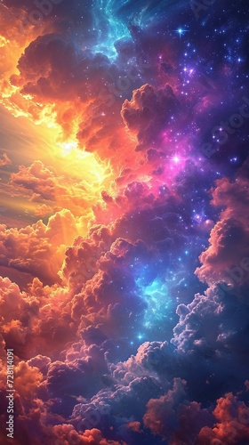 Whimsical rainbow cosmic clouds with glowing particles. Mystical sparkling heaven. Ethereal nebula. Abstract beautiful sky. Concept of surreal cloudscape, fantasy art, mystery and miracle. Vertical