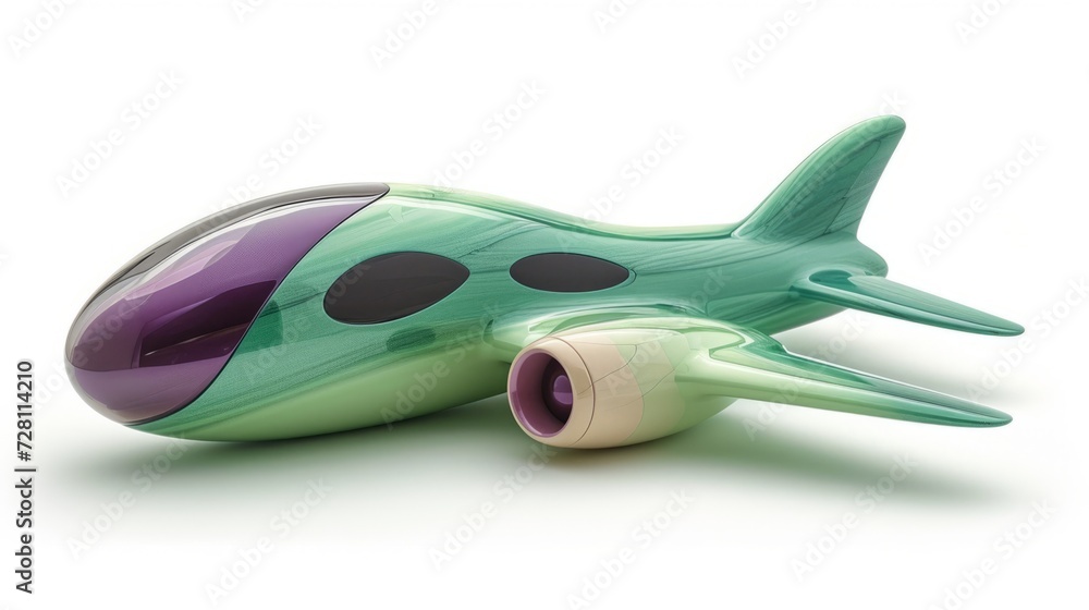 Futuristic green purple toy airplane isolated on a white background. Concept of kids friendly toys, aviation playthings, playful designs, and bright colors Futuristic green purple toy airplane isolated on a white background. Concept of kids friendly toys, aviation playthings, playful designs, and bright colors