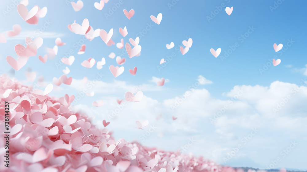 Obraz premium Horizontal blue sky background with pink paper hearts. Valentine's Day concept. Generated by artificial intelligence