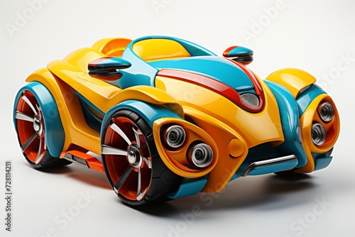 Futuristic colorful sport toy car on white background. Cartoonish vehicle designed for children. Concept of kids friendly toys, playful designs, transport-themed playthings, and bright colors