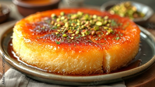 Kunafa, sweet dish of Arabic cuisine. Golden, crispy vermicelli-like pastry on top with melted cheese underneath, served on a plate with syrup and a sprinkle of pistachios. Oriental sweets photo