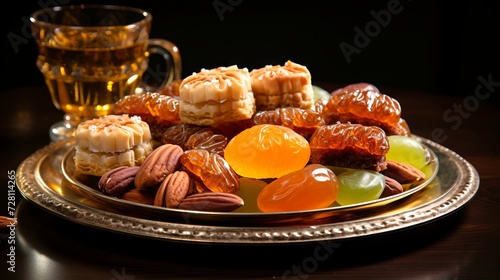 Various Middle Eastern sweets like Turkish delight and baklava, arranged elegantly on an silver platter, natural lighting emphasizing the textures and colors. Dark background