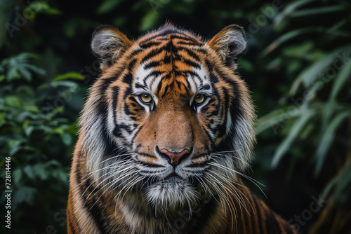 A tiger s head in front of a leafy background.