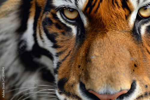 Extreme close-up of half a tiger s face with a piercing gaze.