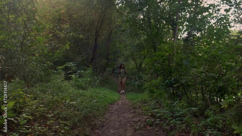 Solo Tourist with backpack Hiking on Adventure Trip in Natural Woods Landscape. Wide shot slow motion in front of Walking Person on trail in forest. Inspiring Outdoor Activities travel Solo Tourist with backpack Hiking on Adventure Trip in Natural Woods Landscape. Wide shot slow motion in front of Walking Person on trail in forest. Inspiring Outdoor Activities travel