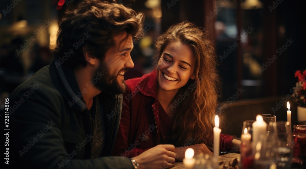 Amidst a warm restaurant ambiance, a happy couple in love shares smiles and laughter, their connection evident in the joyous atmosphere of shared moment and romantic bliss Amidst a warm restaurant ambiance, a happy couple in love shares smiles and laughter, their connection evident in the joyous atmosphere of shared moment and romantic bliss