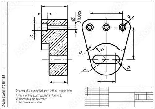 Vector drawing of a steel cast mechanical part with through holes and dimension lines.
Engineering cad scheme. Technical template.