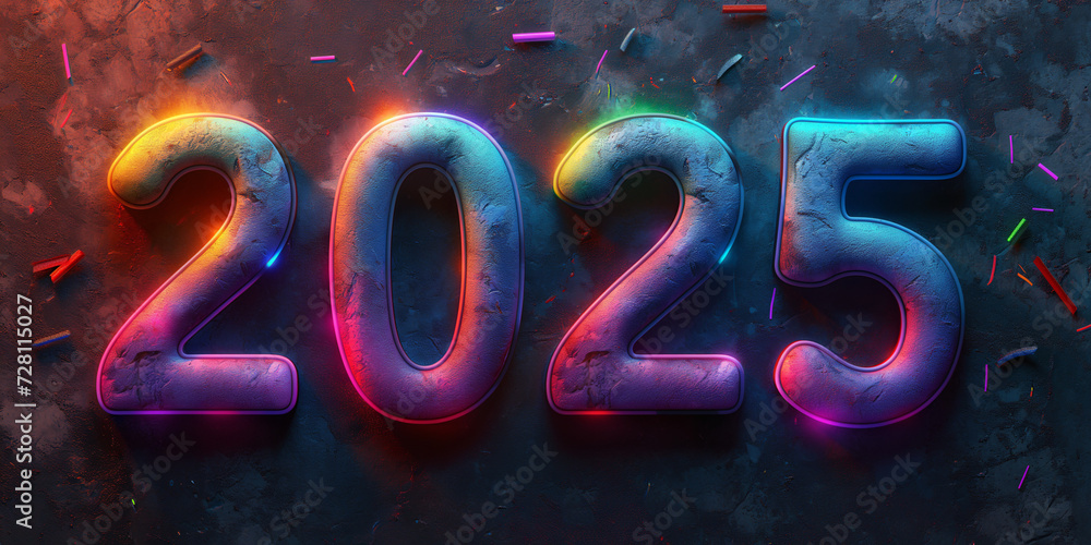  Jahreswechsel 2025 in bunten Zahlen im Querformat für Banner Stock Bildidee 