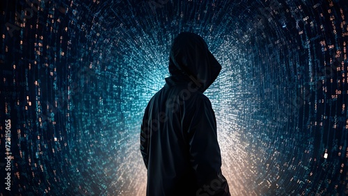 An anonymous hacker, surrounded by a network of glowing data. Cybersecurity, cybercrime, cyberattacks.