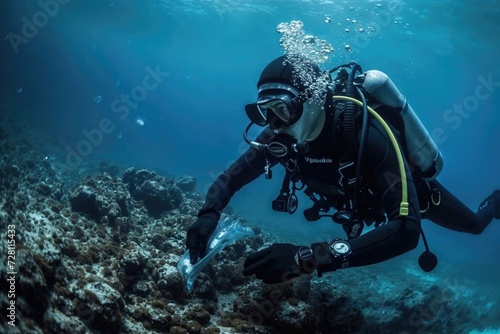 Scuba diver in action cleaning pollution from the ocean floor.