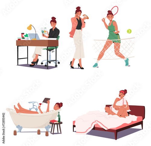 Woman Daily Routine Involves Tasks Like Tennis Exercises, Work In The Office, Meals, Relaxation In Bathroom And Sleep
