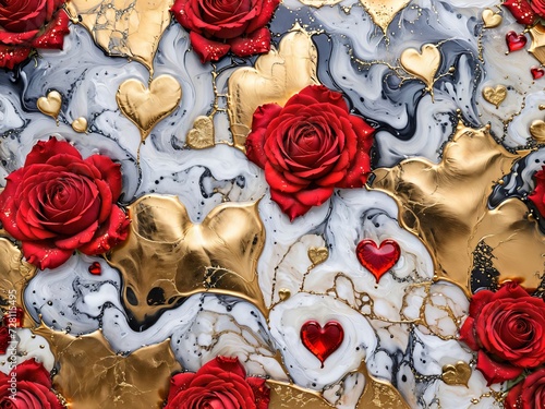 red roses and golden hearts, Ink abstract red and gold paint background art watercolour stone water luxury liquid texture marble, Valentine’s Day concept of abstract art, love, romance, red and gold