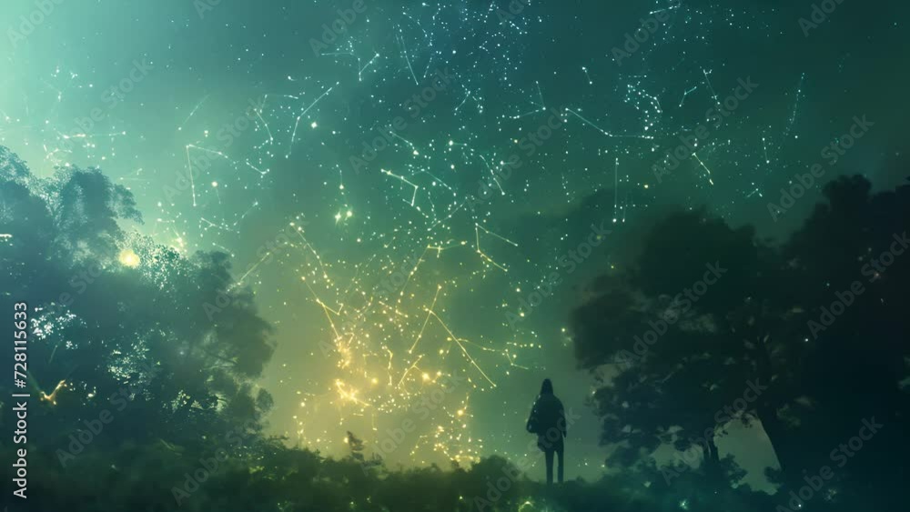 A fantastical forest where a lone figure gazes up at a mysterious ...
